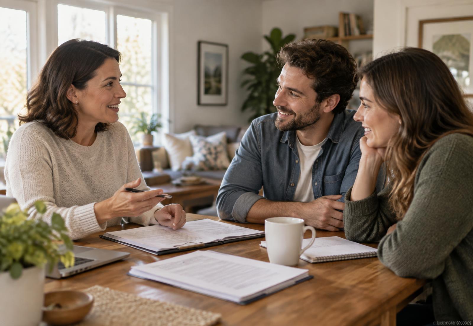 An insurance advisor talking through coverage options with a couple at their kitchen table